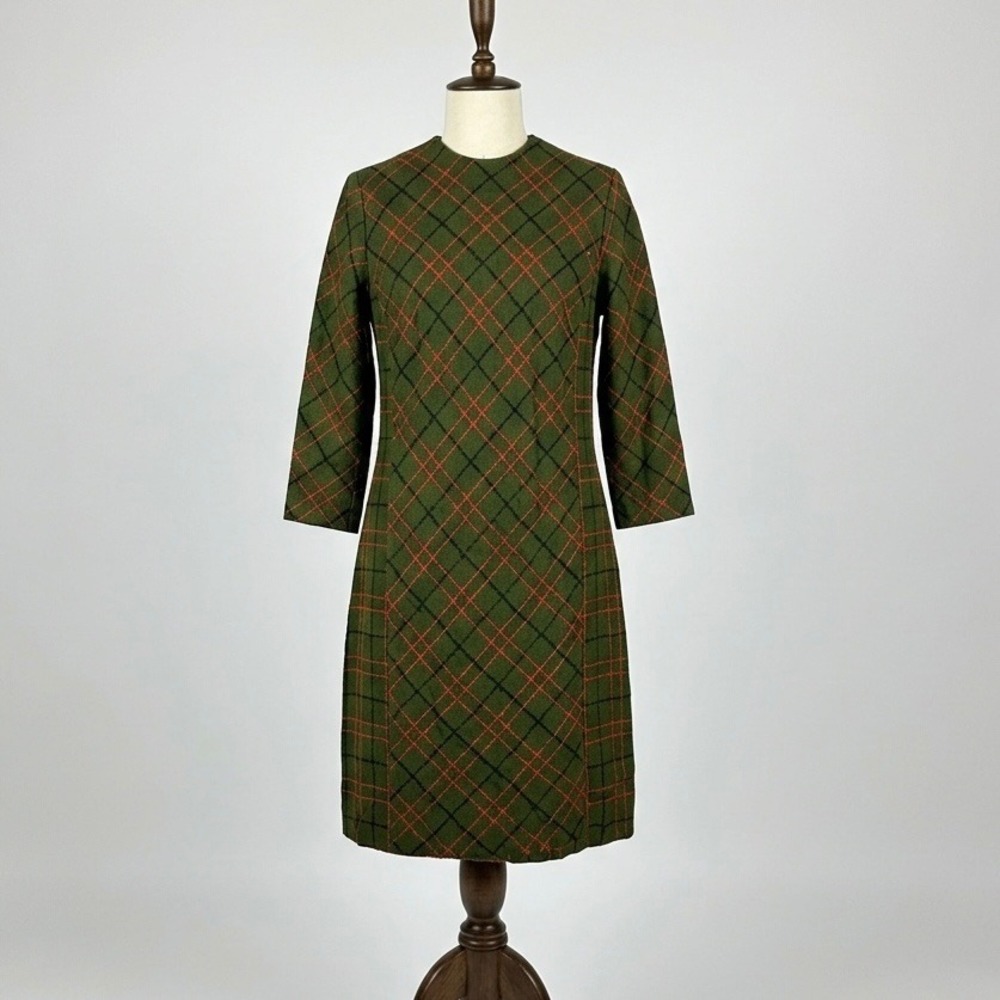 Vintage Dutchmaid Ephrata Green Plaid Shift Dress 3/4 Sleeve Talon Zip Size 32